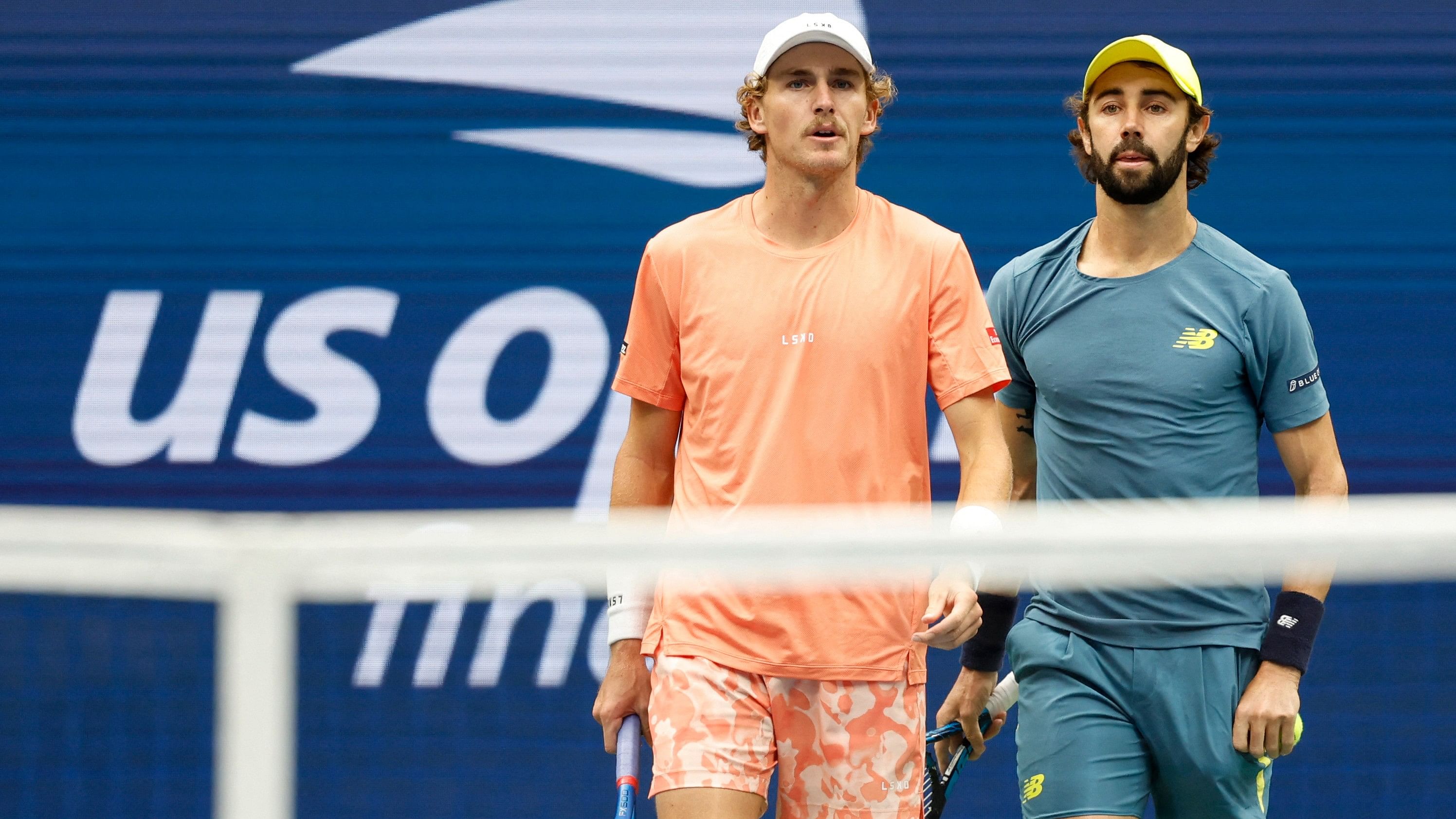 <div class="paragraphs"><p>Max Purcell (AUS)(L) and Jordan Thompson (AUS)(R) talk between points against Kevin Krawietz (GER) and Tim Puetz (GER)(both not pictured) in the men's doubles final on day thirteen of the 2024 US Open tennis tournament.</p></div>